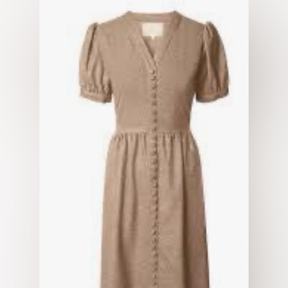 HOUSE OF BRUAR V-Neck Midi Dress with Button Front in Taupe 100% Merino wool 16 - Picture 2 of 8